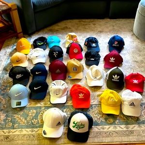 27 hats: Adidas, Nike, lucky brand, north face, ski patrol, stranger Things